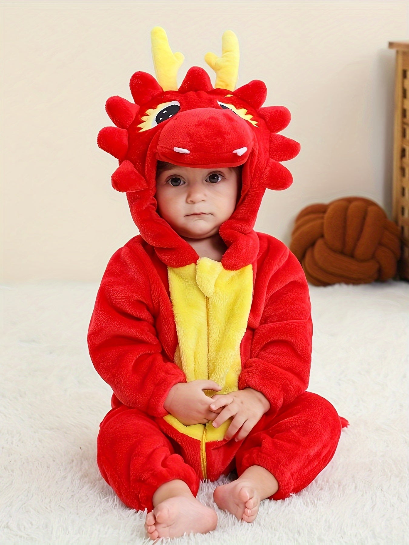 Toddler Red Dragon Animal Romper Pajama – Hooded Long Sleeve Sleepwear (100% Polyester, Flame Resistant, Spring/Fall, Boys & Girls)