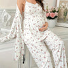 Maternity Pajama 3-Piece Set — Floral Lace Camisole, Pajama Pants & Robe for Pregnant Women