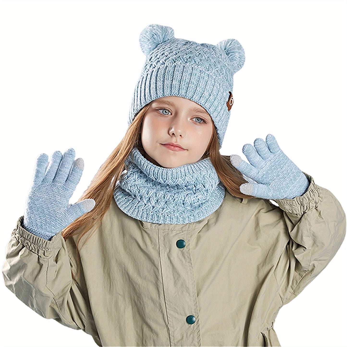 Unisex 3-Piece Winter Beanie Hat Set – Warm Acrylic Hat with Bear Ears, Scarf & Gloves - Kidzy Market