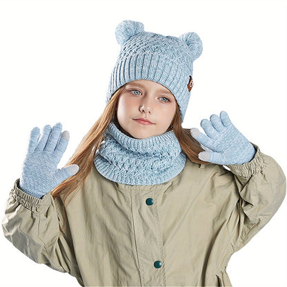 Unisex 3-Piece Winter Beanie Hat Set – Warm Acrylic Hat with Bear Ears, Scarf & Gloves - Kidzy Market