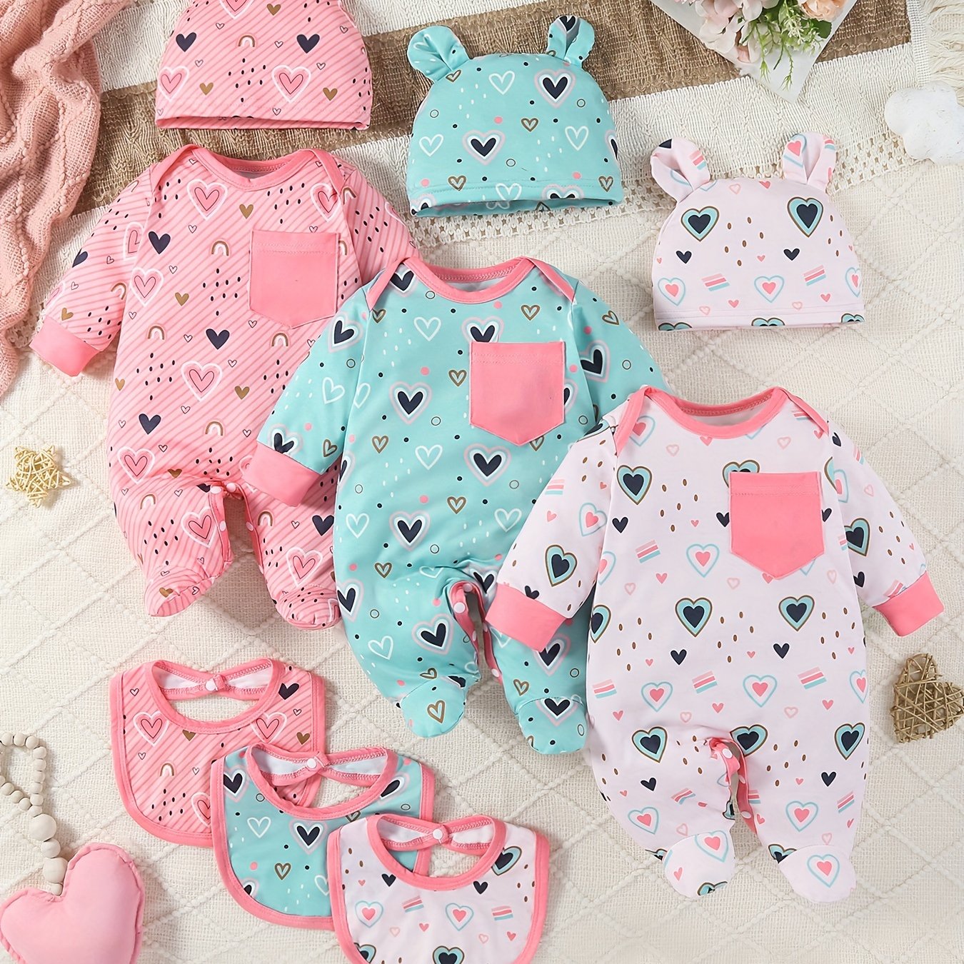9-Pack Baby Girl Footed Jumpsuit Set – Long Sleeve Love Hearts Design with Bunny Hats & Bibs – Stylish & Comfy Outdoor Wear for Infants - Kidzy Market
