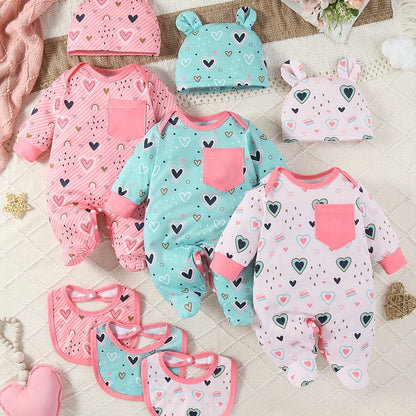 9-Pack Baby Girl Footed Jumpsuit Set – Long Sleeve Love Hearts Design with Bunny Hats & Bibs – Stylish & Comfy Outdoor Wear for Infants - Kidzy Market