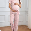 Gentle Hug Maternity & Nursing Pajama Set - Floral Short-Sleeve Ruffle Nursing Top & Long Pants, Machine Washable