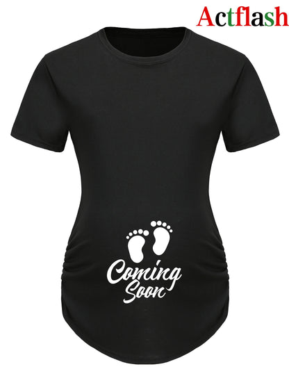 Maternity Casual Cartoon Cute Footprint Print Short Sleeve Slim Fit T-shirt For Summer Pregnancy Gift