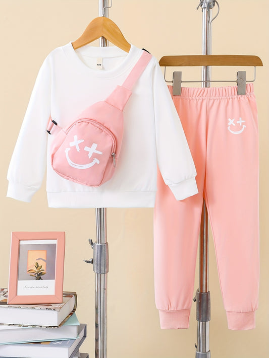 Girls 3pcs Trendy Set - Solid Sweatshirt, Jogger Pants, and Bag - Kids Autumn Outdoor Sports Clothes - Kidzy Market