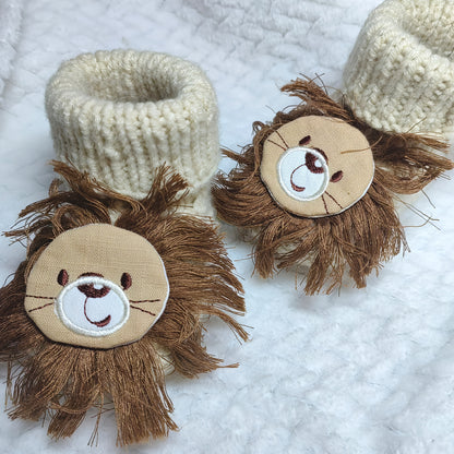 Handmade Knitted Booties & Socks - Soft Sole Shoes with Cute Lion Decorative Gift Shoes for Babies
