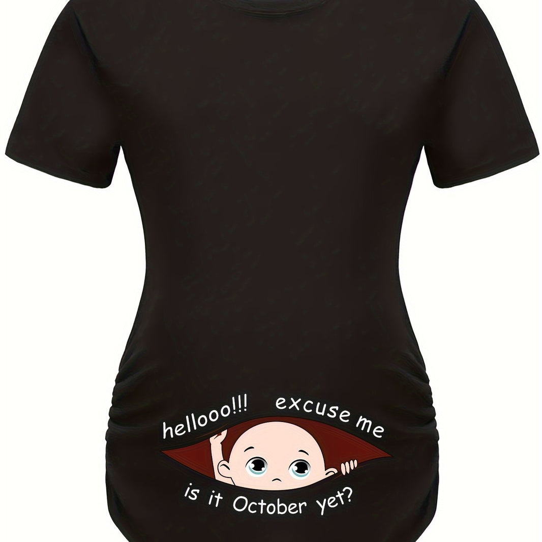 Hello Month & Cartoon Character Print Maternity T-Shirt, Round Neck Short Sleeve Pregnant Women's Top for Pregnancy Announcement - Comfortable Fit