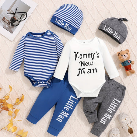 6-Piece Baby Boy Outfit Set – Striped & Letter Print Casual Clothes for Spring & Summer | Outdoor Toddler Clothing