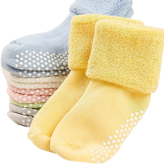 6 Pairs of Basic Color Terry Socks with Dot Glue for Anti-Slip | Warm and Thick, Ideal for Toddlers | Suitable for Both Boys & Girls