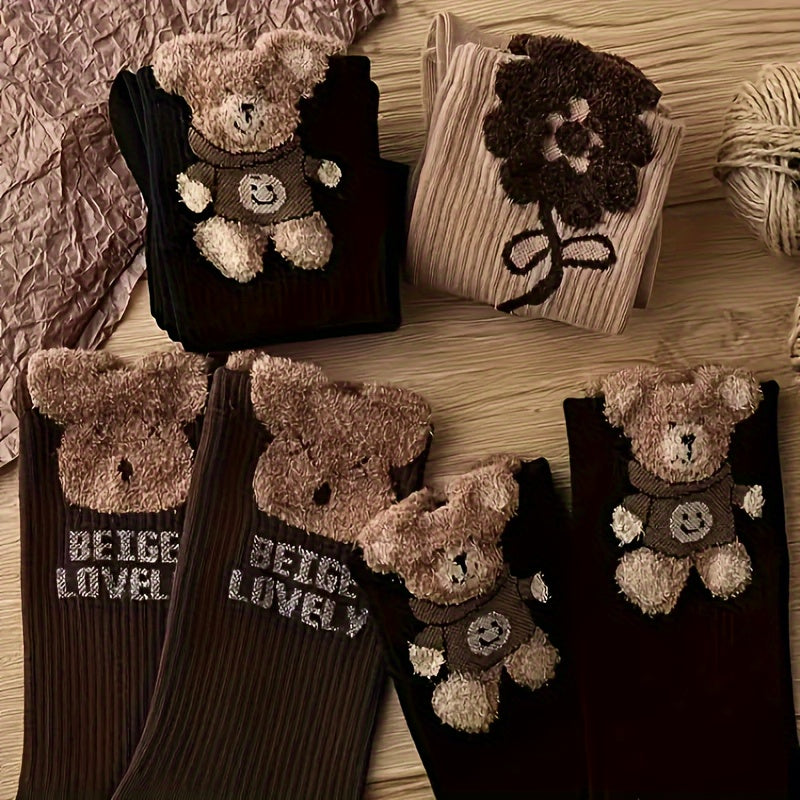 6 Pairs Cute Bear and Flower Socks - Perfect for Autumn and Winter