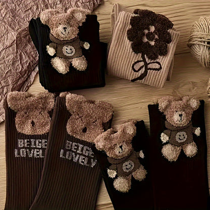 6 Pairs Cute Bear and Flower Socks - Perfect for Autumn and Winter
