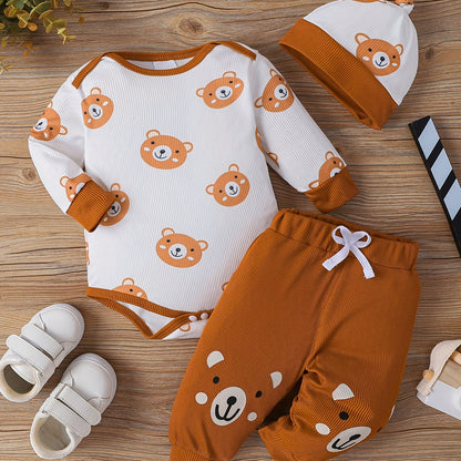 Baby Bear Print Outfit – Triangle Romper, Trousers & Hat 3-Piece Set (Soft & Comfortable, Newborn Outdoor Clothing)