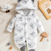 Baby Boy Animal Print Hooded Footie Onesie – 100% Polyester Fleece, Casual Style, Regular Fit (Fall/Winter, Outdoor Wear)