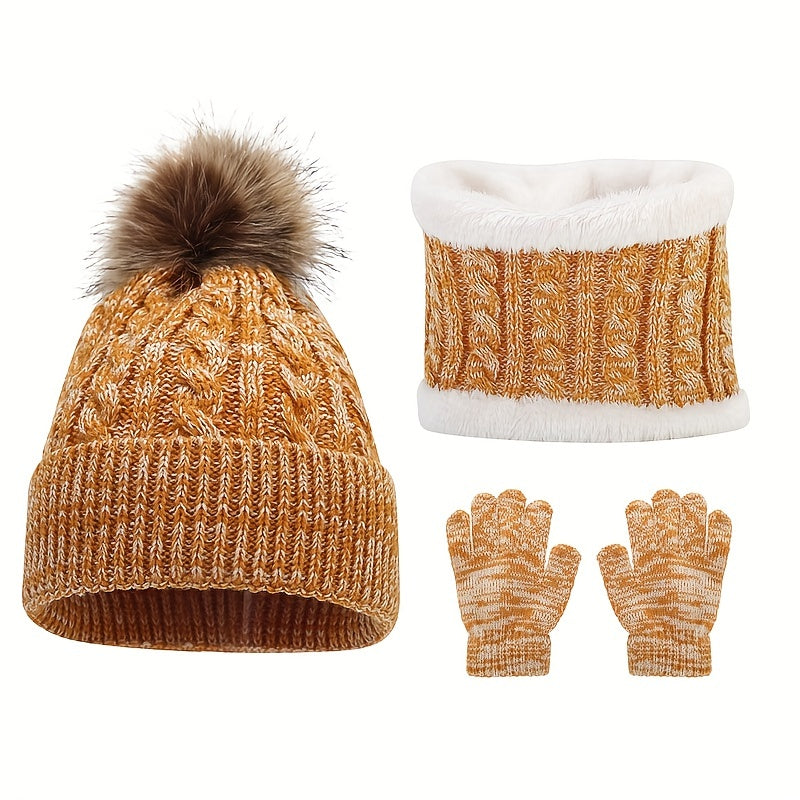3-Piece Set – Children's Warm Hat, Scarf & Gloves – Autumn & Winter Plus Velvet, Mixed Color Knitted Set - Kidzy Market