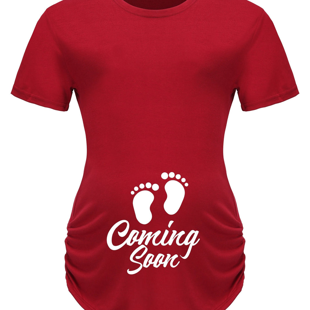 Maternity Casual Cartoon Cute Footprint Print Short Sleeve Slim Fit T-shirt For Summer Pregnancy Gift