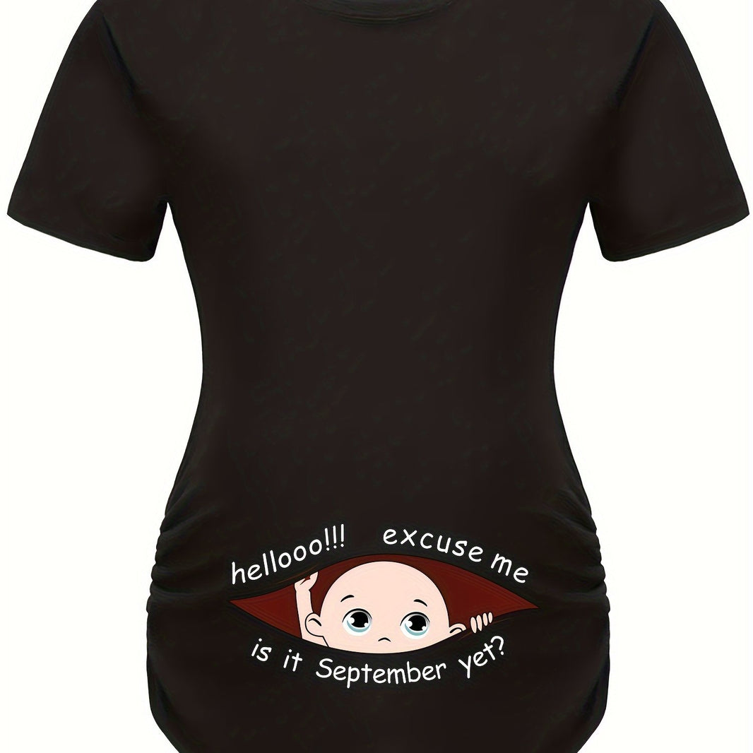 Hello Month & Cartoon Character Print Maternity T-Shirt, Round Neck Short Sleeve Pregnant Women's Top for Pregnancy Announcement - Comfortable Fit