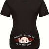Hello Month & Cartoon Character Print Maternity T-Shirt, Round Neck Short Sleeve Pregnant Women's Top for Pregnancy Announcement - Comfortable Fit