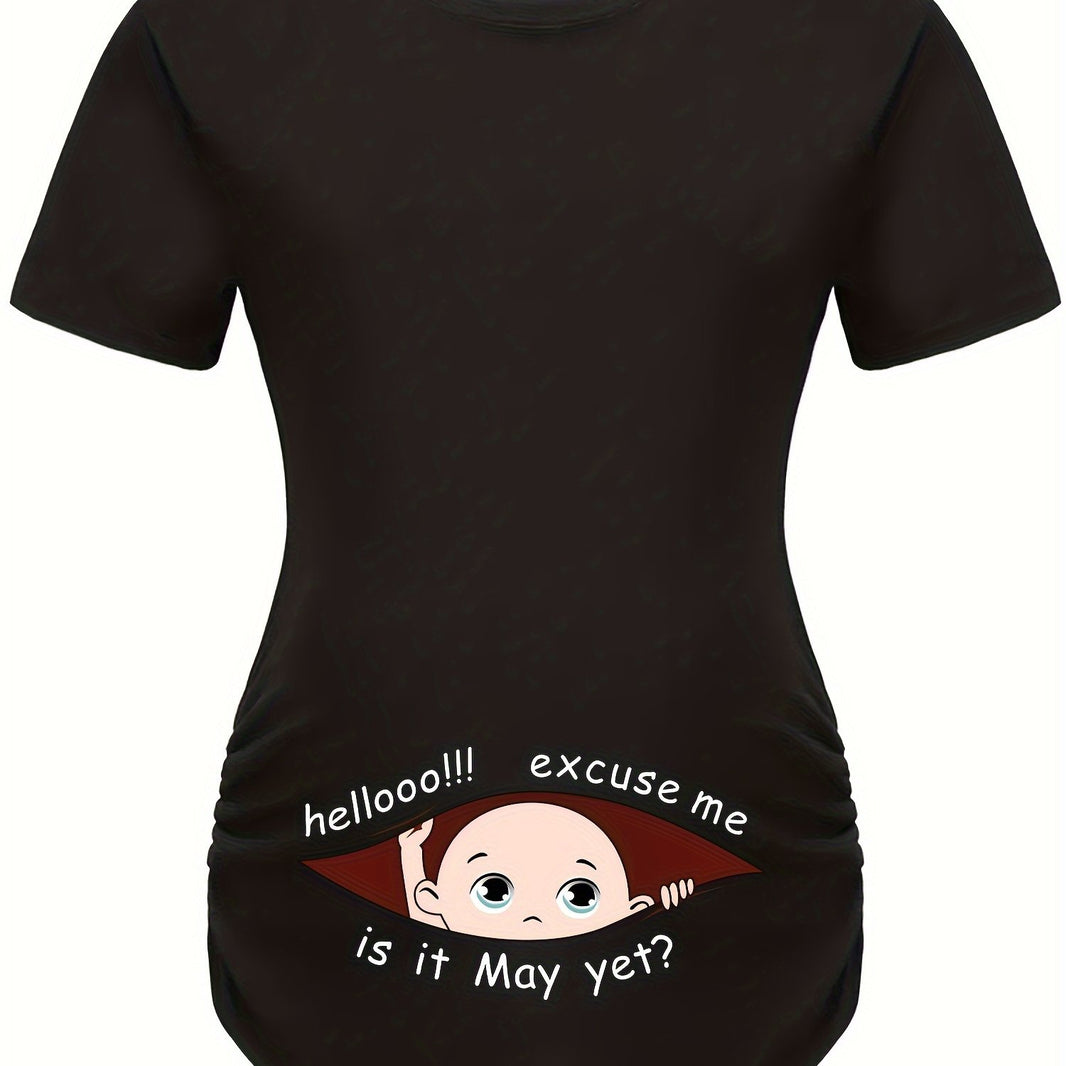 Hello Month & Cartoon Character Print Maternity T-Shirt, Round Neck Short Sleeve Pregnant Women's Top for Pregnancy Announcement - Comfortable Fit