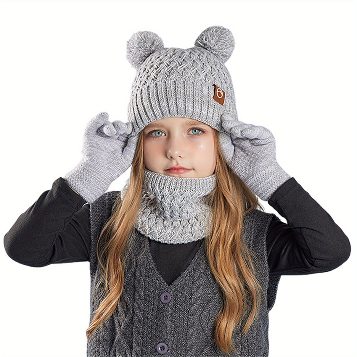 Unisex 3-Piece Winter Beanie Hat Set – Warm Acrylic Hat with Bear Ears, Scarf & Gloves - Kidzy Market