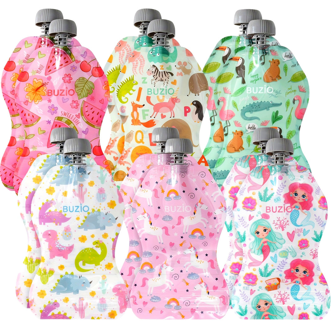 BUZIO Reusable 12-Pack Baby Food Pouches, 5oz Squeeze Pouches for Toddlers, BPA-Free, Double Zipper Refillable, Food Safe for Snacks, Homemade Puree & Yogurt