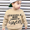 Boys Fleece-Lined Sweatshirt - 'Trouble Never Looked So Sweet' Graphic Crewneck Long Sleeve Pullover, Black, Cozy Fall/Winter