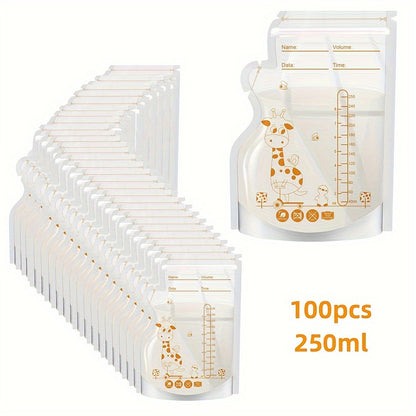 100pcs Giraffe-Themed Kids’ Food Storage Bags – 250ml (8.45oz) Each – Self-Standing, Space-Saving, Transparent BPA-Free Bags for Breastfeeding & Baby Feeding – Easy Pour Spout & Stackable Design