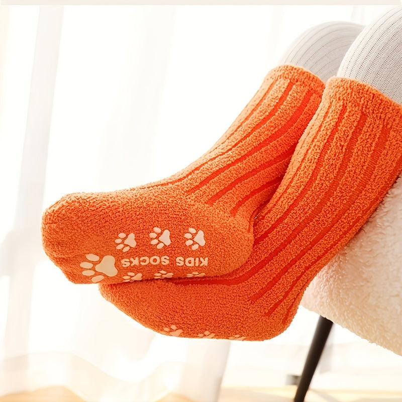 5 Pcs Cozy Coral Fleece Youngsters Socks - Warm, Thick Winter High Socks with Non-Slip Dots | Machine Washable in Vibrant Colors (Pink, Blue, Yellow, Orange, Brown) | Cute Paw Print Design for Youngsters