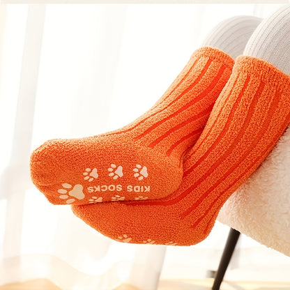 5 Pcs Cozy Coral Fleece Youngsters Socks - Warm, Thick Winter High Socks with Non-Slip Dots | Machine Washable in Vibrant Colors (Pink, Blue, Yellow, Orange, Brown) | Cute Paw Print Design for Youngsters