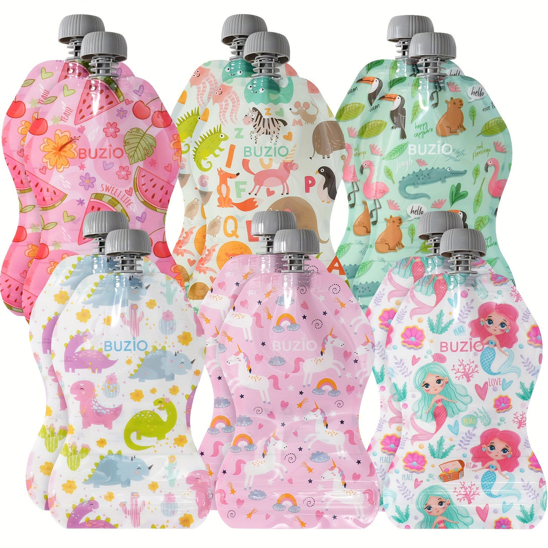 BUZIO Reusable 12-Pack Baby Food Pouches, 5oz Squeeze Pouches for Toddlers, BPA-Free, Double Zipper Refillable, Food Safe for Snacks, Homemade Puree & Yogurt