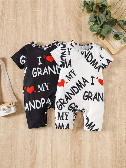2pcs Baby Boy Summer Outfit – "I Love Grandma, Mom, Dad" Alphabet Print Jumpsuit, Casual Knit Polyester & Spandex Set (Short Sleeve, Outdoor Wear)