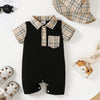 Baby Boy Plaid Print White Short Sleeve Romper with Plaid Fisherman Hat – Casual & Cute (0-3 Years, Summer Wear)