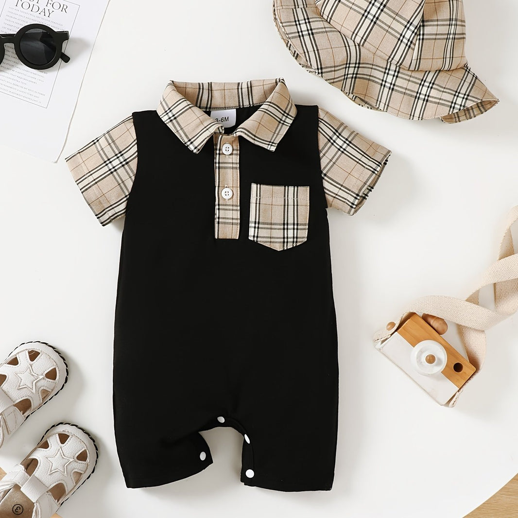 Baby Boy Plaid Print White Short Sleeve Romper with Plaid Fisherman Hat – Casual & Cute (0-3 Years, Summer Wear)