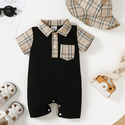 Baby Boy Plaid Print White Short Sleeve Romper with Plaid Fisherman Hat – Casual & Cute (0-3 Years, Summer Wear)