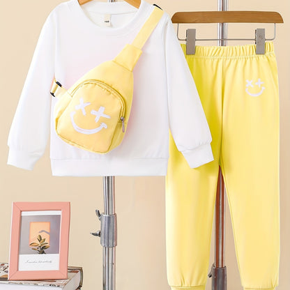Girls 3pcs Trendy Set - Solid Sweatshirt, Jogger Pants, and Bag - Kids Autumn Outdoor Sports Clothes - Kidzy Market