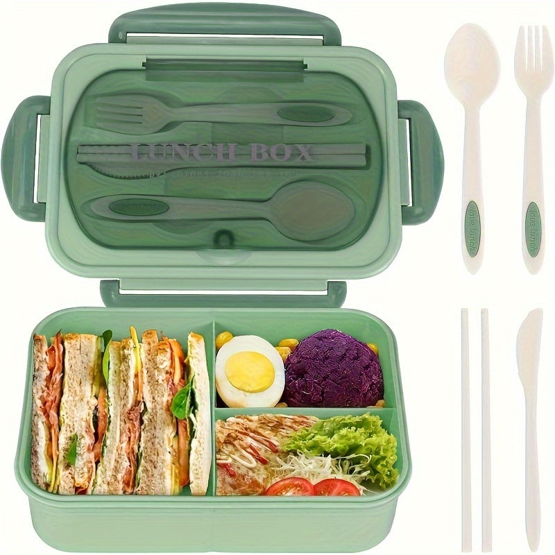 1 Set 40.58 Oz Leak-Proof Lunch Box with Utensils – 3-Compartment BPA-Free Meal Container with Knife, Fork & Chopsticks, Microwave Safe, Perfect for School & Work