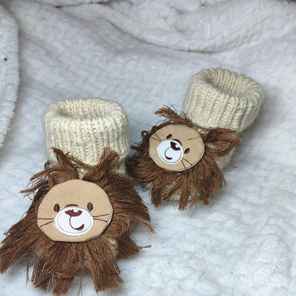 Handmade Knitted Booties & Socks - Soft Sole Shoes with Cute Lion Decorative Gift Shoes for Babies