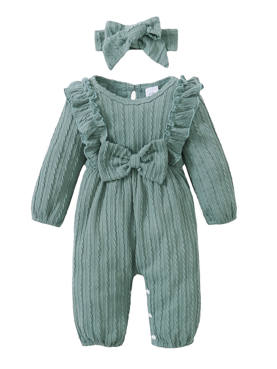 I'M SO THANKFUL Infant Cotton Blend Ruffle Long Sleeve Romper with Headband – Solid Color, Bow Detail, Fall/Winter Jumpsuit (65% Cotton, 35% Polyester)