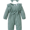 I'M SO THANKFUL Infant Cotton Blend Ruffle Long Sleeve Romper with Headband – Solid Color, Bow Detail, Fall/Winter Jumpsuit (65% Cotton, 35% Polyester)