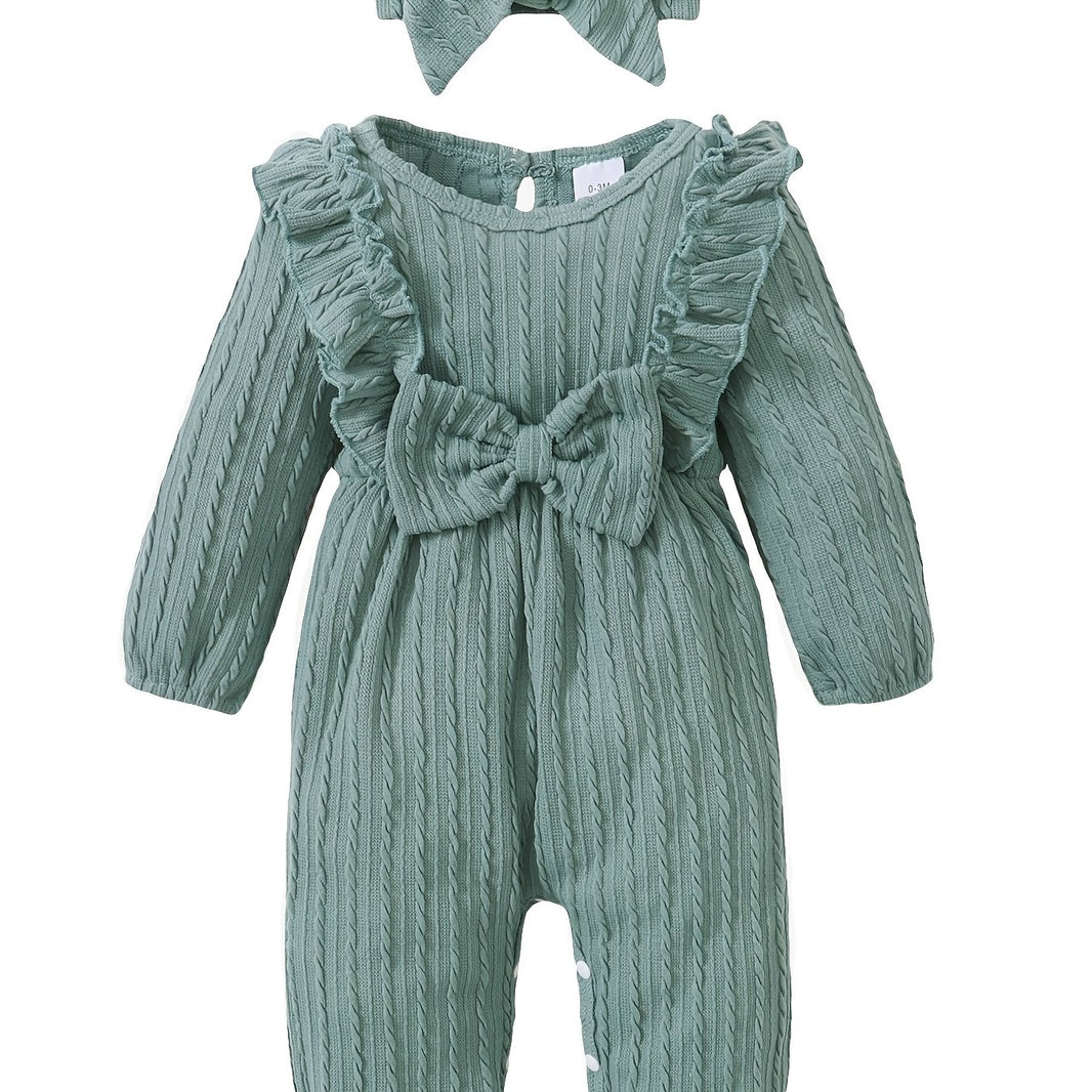I'M SO THANKFUL Infant Cotton Blend Ruffle Long Sleeve Romper with Headband – Solid Color, Bow Detail, Fall/Winter Jumpsuit (65% Cotton, 35% Polyester)