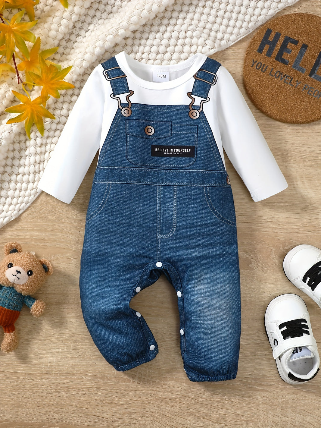 Baby's Cartoon Imitation Denim Jumpsuit – Long Sleeve Romper, Casual Style (Toddler & Infant Boy's Outdoor Clothing)