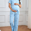 Elegant Floral Maternity Nursing Pajama Set — Ruffle Trim Short-Sleeve Top & Long Pants, Soft Stretch Knit, Machine Washable