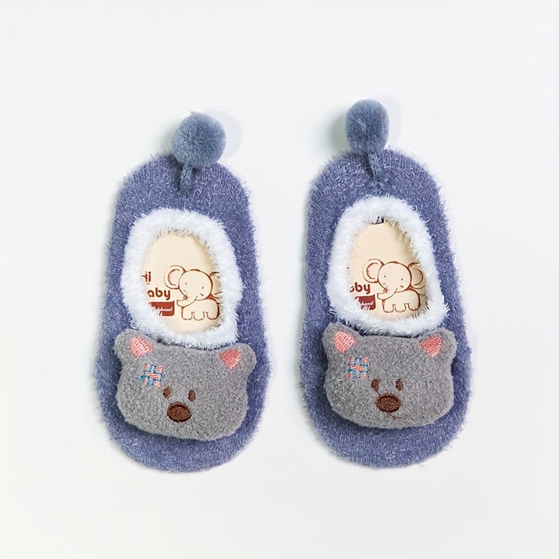 1 Pair/2 Pairs Cute Animal Anti-Slip Breathable Boat Socks for Youngsters - Cozy Polyester & Spandex Blend, Hand Wash Only | All-Season Comfort, Anti-Slip, Fluffy Cuff, Soft Knitted Texture
