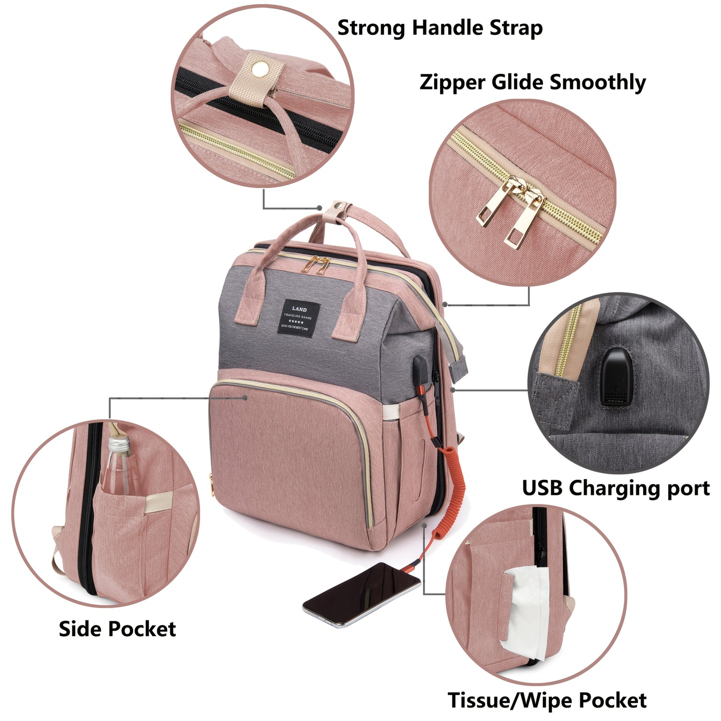 Lamroro Multifunctional Diaper Backpack with Changing Station - Soft Shell Polyester Daypack for Travel & Preschool, Zipper Closure, Mirror Embellishment, Stash Pocket, Striped Pattern, Perfect Gift - Kidzy Market