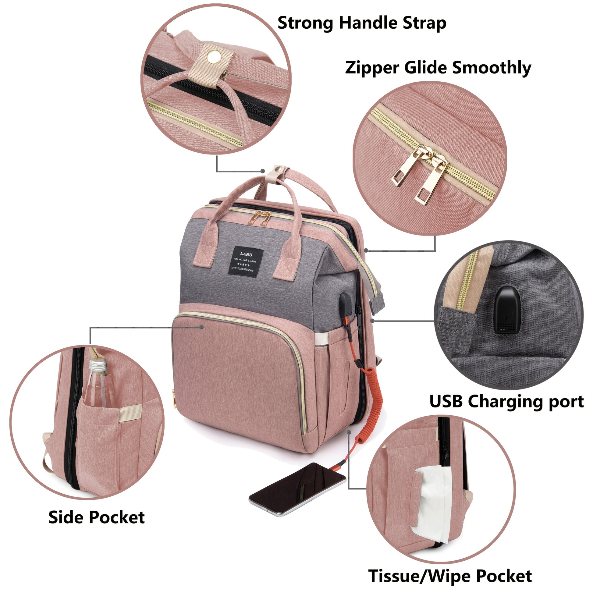 Lamroro Multifunctional Diaper Backpack with Changing Station - Soft Shell Polyester Daypack for Travel & Preschool, Zipper Closure, Mirror Embellishment, Stash Pocket, Striped Pattern, Perfect Gift - Kidzy Market