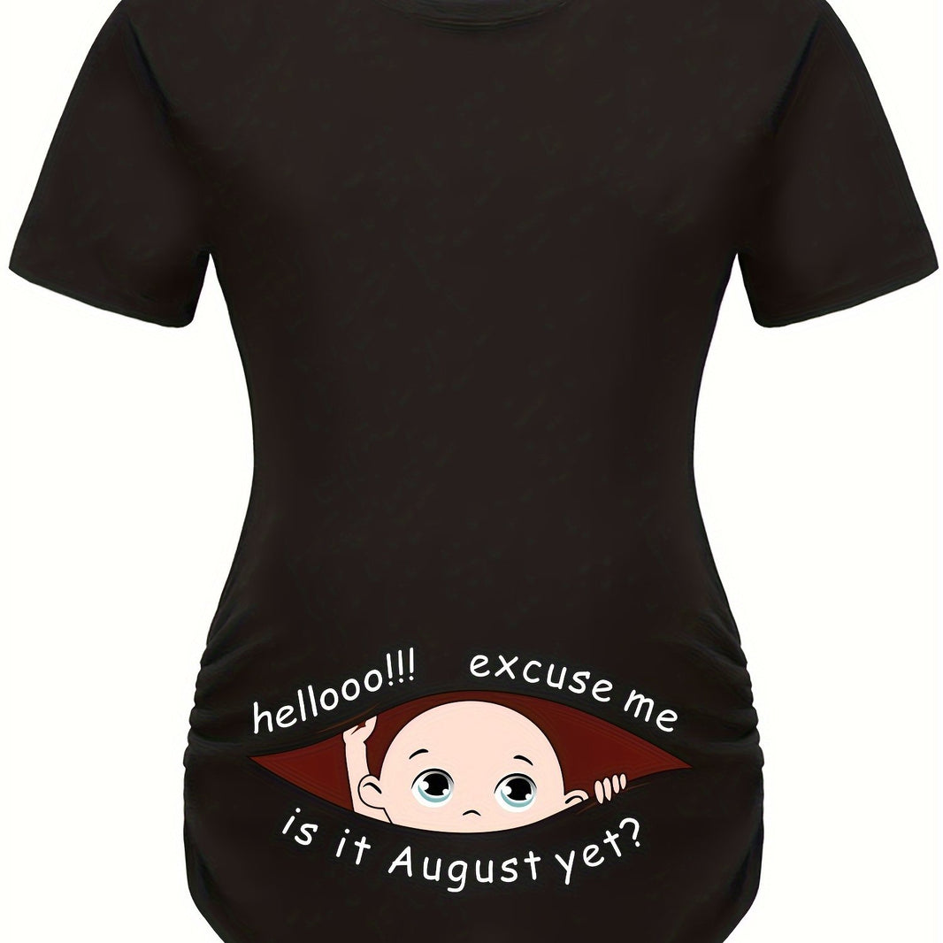 Hello Month & Cartoon Character Print Maternity T-Shirt, Round Neck Short Sleeve Pregnant Women's Top for Pregnancy Announcement - Comfortable Fit