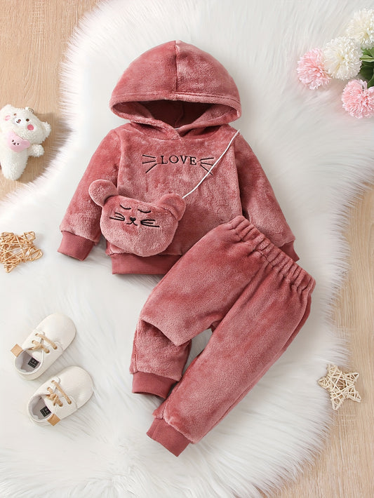 Cute Baby Girl Long-Sleeve Hooded Outfit – Solid Color with Embroidered Cartoon Design & Adorable Bear Bag, Perfect for Spring, Autumn & Winter - Kidzy Market