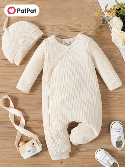 PatPat 2pcs Baby Boy/Girl Rib Knit Jumpsuit – Button Front Long-Sleeve Romper with Matching Hat Set