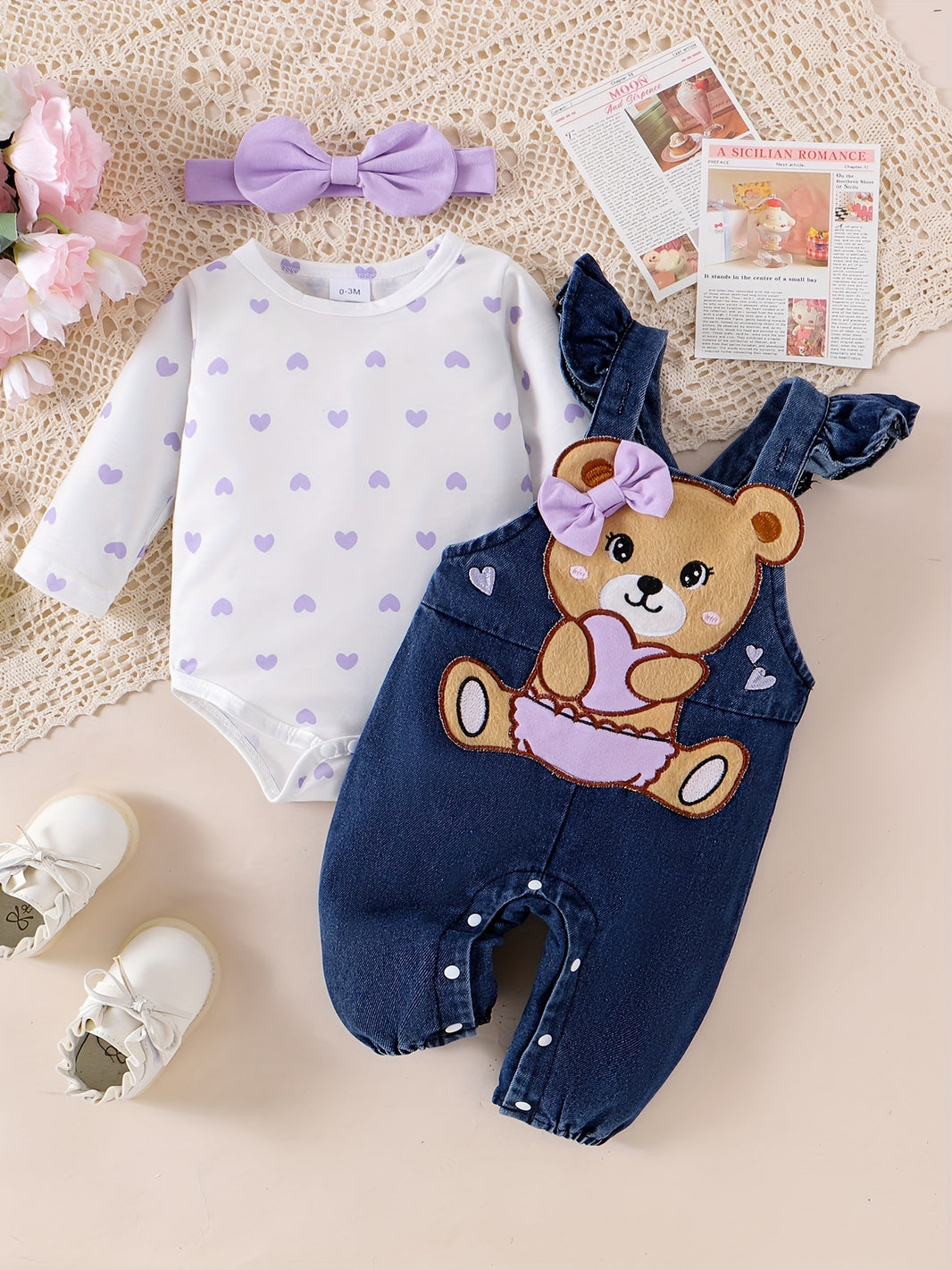 CETEPY Baby Girl Outfit – Long Sleeve Jumpsuit with Denim Overalls & Headband (Cartoon Bear Pattern, 3pcs Set, Fall/Winter, 0-18 Months)