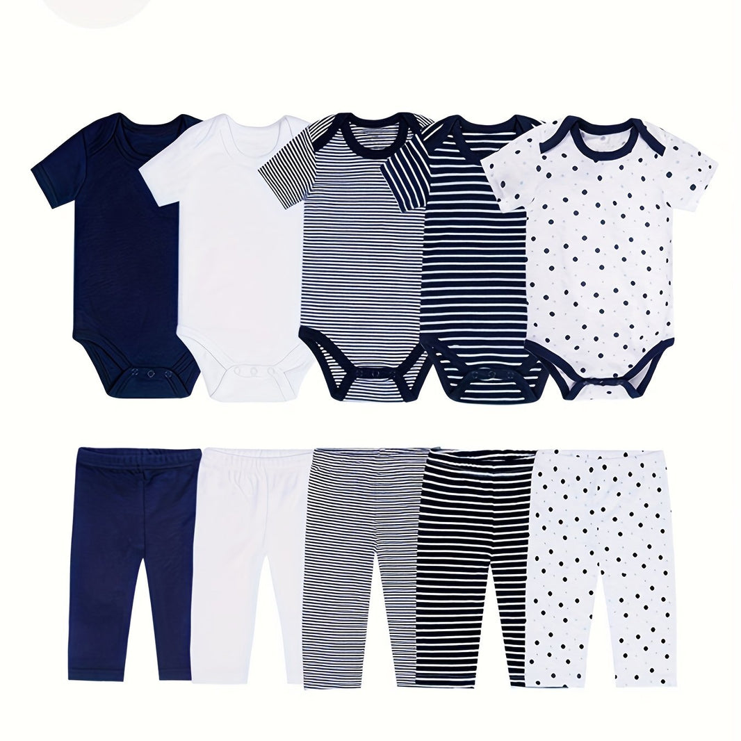 5pcs Bamboo Fiber Children's Triangle Onesie & 5pcs Newborn Pants Set – Boys' Suit, Comfortable and Stylish for Outdoor Wear