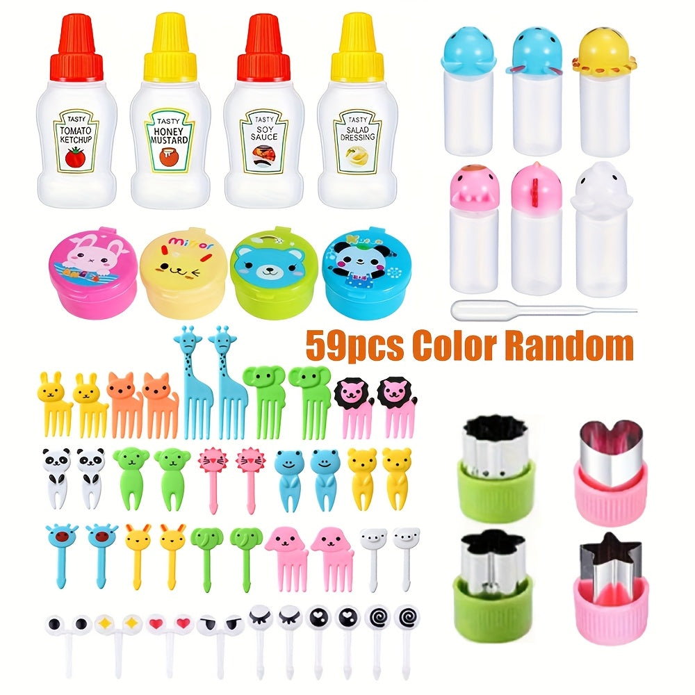 59PCS Cute Lunch Accessories Set – Cartoon Animal Fruit Forks, Sauce Bottles, Containers & Lunch Box Decorations for Kids, Perfect for School, Travel & Picnics